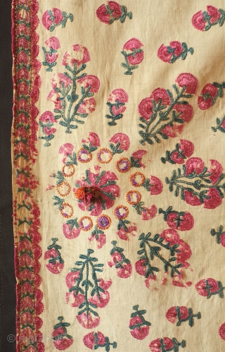 Sindh Odhani Woman's Wedding Shawl, 19th century.  Green and red silk floral motifs around a central medallion.  Some wear in the central medallion.  A nice older one.  143  ...