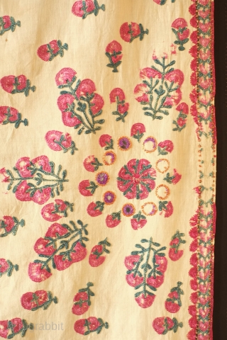 Sindh Odhani Woman's Wedding Shawl, 19th century.  Green and red silk floral motifs around a central medallion.  Some wear in the central medallion.  A nice older one.  143  ...