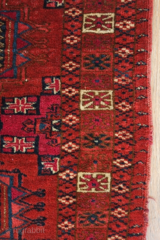 Tekke chuval face, 19th century. Salor gul design. Very fine weave and velvety feel. It has a couple of small moth nibbles here and there but not detracting.  117 x 74  ...