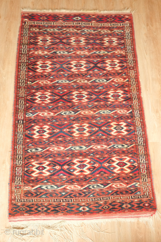 Yomut Turkmen rug, 19th century.  It is in a kilim design and overall good condition with the kilim ends in tact.  116 x 200 cm.  Contact danauger@tribalgardenrugs.com   