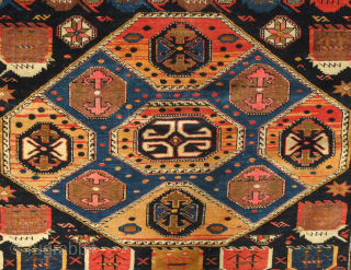 Kuba rug, late 19th/early 20th century.  It has a dynamic central medallion and abstract animal motifs populating the field. Its weave is fine and is in excellent condition. 130 x 164  ...