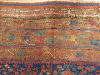 Timuri large rug, Mid-19th Century.  Harshang design scheme in deep, rich colors including the signature Timuri electric blue.  It still has its kilim ends.  Obvious wear but the rug  ...