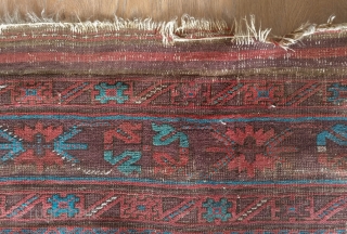 Timuri large rug, Mid-19th Century.  Harshang design scheme in deep, rich colors including the signature Timuri electric blue.  It still has its kilim ends.  Obvious wear but the rug  ...
