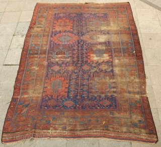 Timuri large rug, Mid-19th Century.  Harshang design scheme in deep, rich colors including the signature Timuri electric blue.  It still has its kilim ends.  Obvious wear but the rug  ...