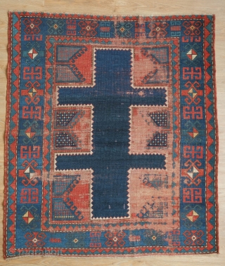 Fachralo Kazak rug, Mid to 3rd quarter of the 19th century? Intriguing double cross motif which almost foats over the ground. a striking effect with the use of contrasting red and blue.  ...