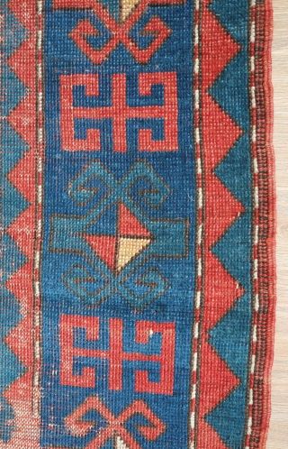 Fachralo Kazak rug, Mid to 3rd quarter of the 19th century? Intriguing double cross motif which almost foats over the ground. a striking effect with the use of contrasting red and blue.  ...