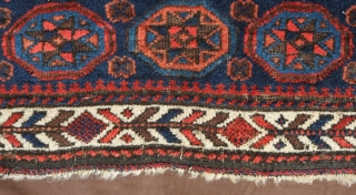 Baluch bag face, 19th century. Excellent soft pile and overall condition. Abstracted dragon motifs in the four corners of the central medallion. One of the blues is that Timuri electric blue. A  ...