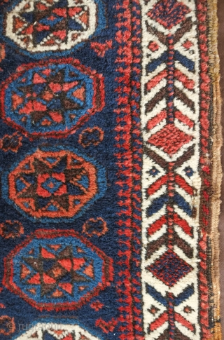 Baluch bag face, 19th century. Excellent soft pile and overall condition. Abstracted dragon motifs in the four corners of the central medallion. One of the blues is that Timuri electric blue. A  ...