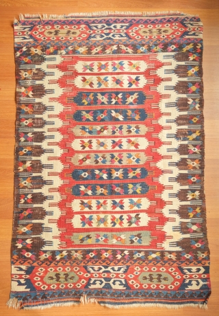 Karakoyunlu kilim, 19th century. Animal pelt layout. At least nine colors. 92 x 140 cm. Contact danauger@tribalgardenrugs.com                