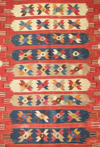 Karakoyunlu kilim, 19th century. Animal pelt layout. At least nine colors. 92 x 140 cm. Contact danauger@tribalgardenrugs.com                