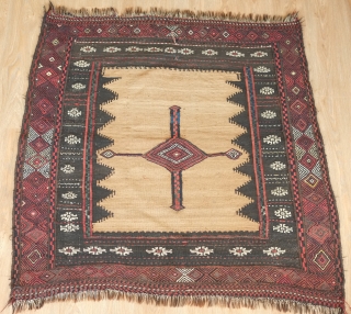 sofreh, 19th century.  Possibly Veramin area.  Camel wool field with brocade work in the central element.  Excellent soumak in the outer border. Great condition.   120 x 117  ...