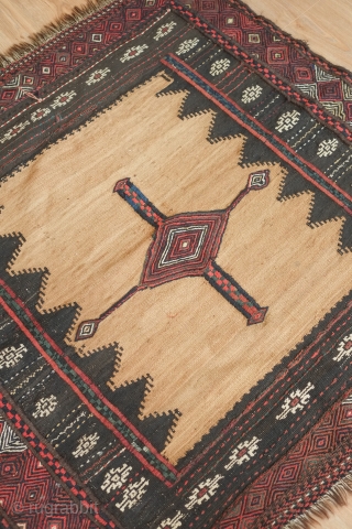 sofreh, 19th century.  Possibly Veramin area.  Camel wool field with brocade work in the central element.  Excellent soumak in the outer border. Great condition.   120 x 117  ...