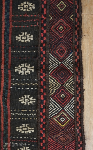 sofreh, 19th century.  Possibly Veramin area.  Camel wool field with brocade work in the central element.  Excellent soumak in the outer border. Great condition.   120 x 117  ...