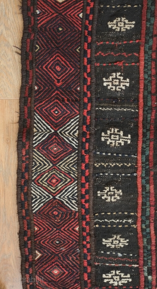 sofreh, 19th century.  Possibly Veramin area.  Camel wool field with brocade work in the central element.  Excellent soumak in the outer border. Great condition.   120 x 117  ...