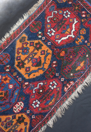 Afshar bag face, 19th century. Beautiful rich saturated colors including a deep green, a salmon red, a deep indigo blue, and mustardish yellow forming large, confident botehs. 66 x 36 cm, danauger@tribalgardenrugs.com 