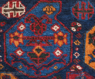 Afshar bag face, 19th century. Beautiful rich saturated colors including a deep green, a salmon red, a deep indigo blue, and mustardish yellow forming large, confident botehs. 66 x 36 cm, danauger@tribalgardenrugs.com 