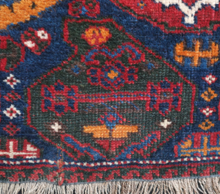 Afshar bag face, 19th century. Beautiful rich saturated colors including a deep green, a salmon red, a deep indigo blue, and mustardish yellow forming large, confident botehs. 66 x 36 cm, danauger@tribalgardenrugs.com 