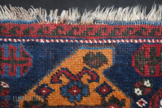 Afshar bag face, 19th century. Beautiful rich saturated colors including a deep green, a salmon red, a deep indigo blue, and mustardish yellow forming large, confident botehs. 66 x 36 cm, danauger@tribalgardenrugs.com 