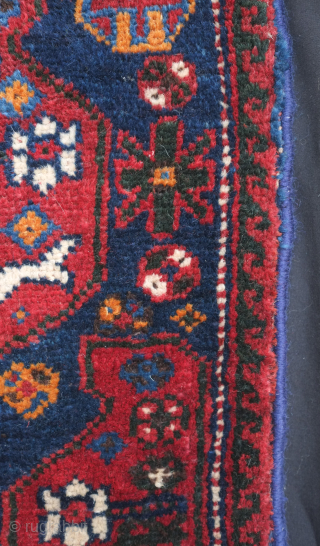 Afshar bag face, 19th century. Beautiful rich saturated colors including a deep green, a salmon red, a deep indigo blue, and mustardish yellow forming large, confident botehs. 66 x 36 cm, danauger@tribalgardenrugs.com 