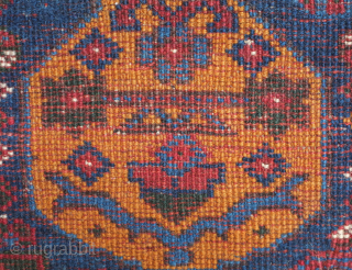 Afshar bag face, 19th century. Beautiful rich saturated colors including a deep green, a salmon red, a deep indigo blue, and mustardish yellow forming large, confident botehs. 66 x 36 cm, danauger@tribalgardenrugs.com 