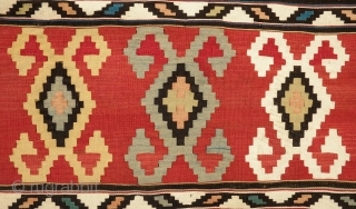 Caucasian Kilim, Late 19th Century.  Large hooked medallions. Colors are all natural dyes and contains some soft muted colors.  Great fine weave. 185 x 296 cm     