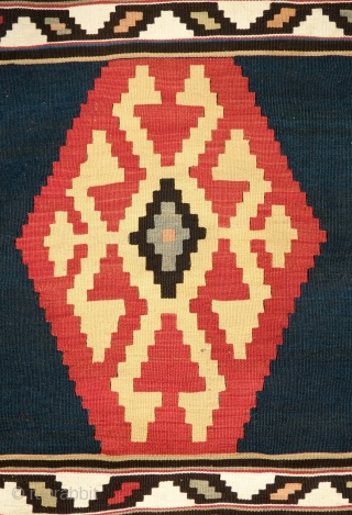 Caucasian Kilim, Late 19th Century.  Large hooked medallions. Colors are all natural dyes and contains some soft muted colors.  Great fine weave. 185 x 296 cm     