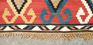 Caucasian Kilim, Late 19th Century.  Large hooked medallions. Colors are all natural dyes and contains some soft muted colors.  Great fine weave. 185 x 296 cm     