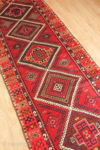 Arapgir runner, 19th century.  Lush wool and good pile.  Good colors.  Nicely drawn kochanaks in the diamonds.  96 x 273 cm.  Contact danauger@tribalgardenrugs.com     