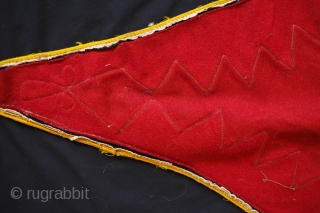 Balkan Ceremonial Saddle Cover, 1900 or so.  This is put together from sturdy broadcloth and yellow and blue cording.  It has wonderful colors and striking zigzag design.  The backing  ...