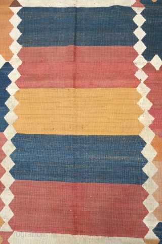 Tajik Arab Kilim, Late 19th century. Wonderful colors and design solid blocks of alternating color separated by continuous diamond borders. Sturdy construction in all wool with dark wool warps. There are a  ...