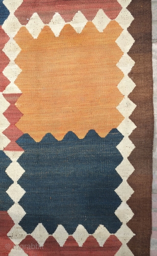 Tajik Arab Kilim, Late 19th century. Wonderful colors and design solid blocks of alternating color separated by continuous diamond borders. Sturdy construction in all wool with dark wool warps. There are a  ...