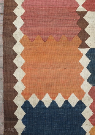 Tajik Arab Kilim, Late 19th century. Wonderful colors and design solid blocks of alternating color separated by continuous diamond borders. Sturdy construction in all wool with dark wool warps. There are a  ...