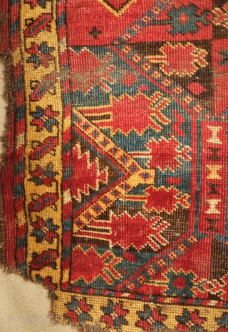 Beshir rug, 19th century. Atypical design scheme.  Worn but design visible.  Mounted on linen and ready for display.  107 x 209 cm, linen 130 x 237 cm. Contact danauger@tribalgardenrugs.com 