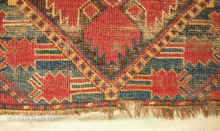 Beshir rug, 19th century. Atypical design scheme.  Worn but design visible.  Mounted on linen and ready for display.  107 x 209 cm, linen 130 x 237 cm. Contact danauger@tribalgardenrugs.com 