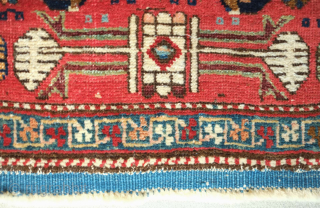 Heriz-Karadagh mafrash panel, 19th century. Excellent colors. Serrated leaf or mahi motifs flanking botehs. a small repair on the top right corner and the very top band is missing but still has  ...