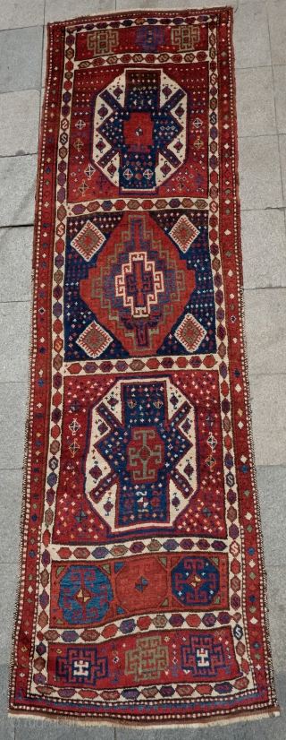 Shavak Kurdish Long Rug, Late 19th Century.  Great pile and strong design elements and all good colors.   101 x 342 cm         