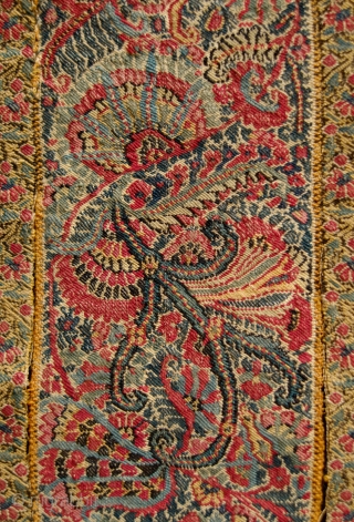 Kashmir Long Shawl End Panel, Fourth quarter of the 18th Century.  Has very good age. Extremely fine weaving, maybe of the finest group. It has a few small holes.  Still  ...