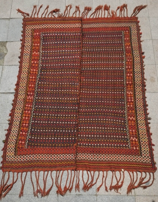 Kerman area Shiraki Palas, Khamseh, 19th Century. Fantastic deep indigo blue in the ground area. A dazzling variety of colors like a bed of jewels. Woven in two parts. In very good  ...