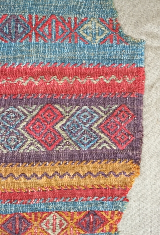 Kutahya chuval, mid-to early 19th century, possibly older. Excellent colors showing its age.  Mounted on linen.  103 x 192 cm, Linen 119 x 208 cm.  Contact danauger@tribalgardenrugs.com   