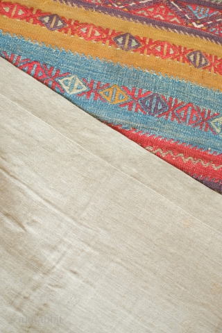 Kutahya chuval, mid-to early 19th century, possibly older. Excellent colors showing its age.  Mounted on linen.  103 x 192 cm, Linen 119 x 208 cm.  Contact danauger@tribalgardenrugs.com   