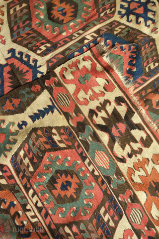 Konya Aksaray double paneled long kilim, 19th century.  Overall very good condition. A few small repairs here and there. Good colors and dynamic design.  175 x 333 cm   