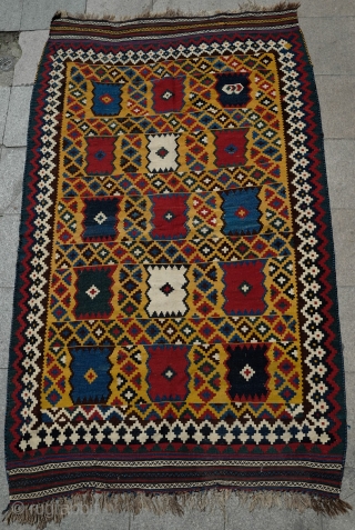 Qashaqa'i yellow ground kilim, Late 19th/Early 20th Century.  Fabulous saturated natural colors.  A stunning piece.  160 x 258 cm.           