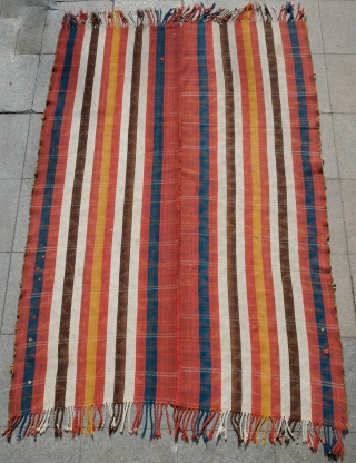 Qashqa'i Mowj, Late 19th Century. All good colors. Small tufts of wool decorating the field. Wonderful twill weave. A small repair in one of the brown stripes as seen in the 5th  ...