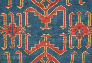 Avar Kilim, 19th century.  Evocative zoomorphic pendants framed by a simple border.  140 x 482 cm. Contact danauger@tribalgardenrugs.com             