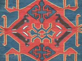 Avar Kilim, 19th century.  Evocative zoomorphic pendants framed by a simple border.  140 x 482 cm. Contact danauger@tribalgardenrugs.com             