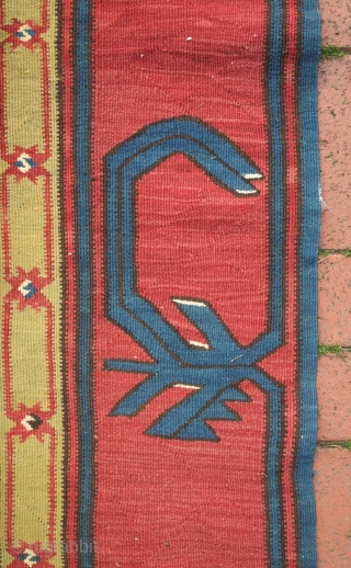 Avar Kilim, 19th century.  Evocative zoomorphic pendants framed by a simple border.  140 x 482 cm. Contact danauger@tribalgardenrugs.com             