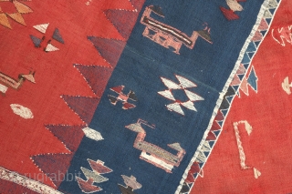 Azeri Shadda, 19th century.  Woven in two pieces. Covered in animal herds with their shepherds. A wonderful ethnographic scene.  162 x 193 cm. Contact danauger@tribalgardenrugs.com      