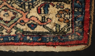 Bidjar Vagireh, 19th century or early 20th century.  Plush pile.  A bit of moth nibble on the bottom right hand corner.  45 x 75 cm. Contact danauger@tribalgardenrugs.com   