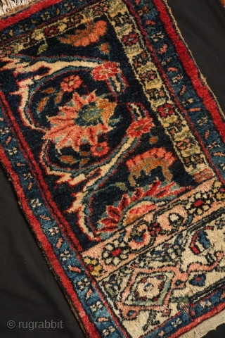 Bidjar Vagireh, 19th century or early 20th century.  Plush pile.  A bit of moth nibble on the bottom right hand corner.  45 x 75 cm. Contact danauger@tribalgardenrugs.com   