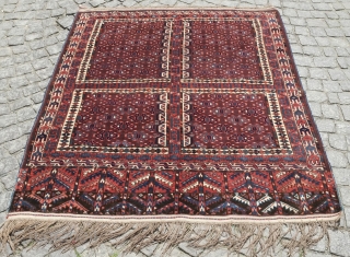 Yomut engsi, 19th century. Excellent condition with full pile.  Nice elems and particularly striking are the zoomorphic motifs in the cross hatch borders.  145 x 178 cm. Contact danauger@tribalgardenrugs.com  